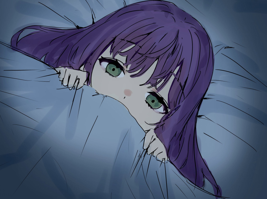 1girl, blanket_grab, commentary_request, covered_mouth, empty_eyes, green_eyes, hair_down, half-closed_eyes, highres, link!_like!_love_live!, long_hair, love_live!, lying, on_back, on_bed, otomune_kozue, purple_hair, rere_88rere, scared, sidelocks, solo, under_covers, upper_body