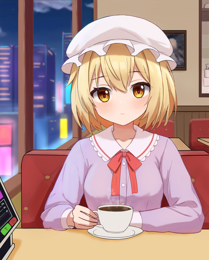 1048334293, 1girl, absurdres, blonde_hair, blush, building, coffee, coffee_mug