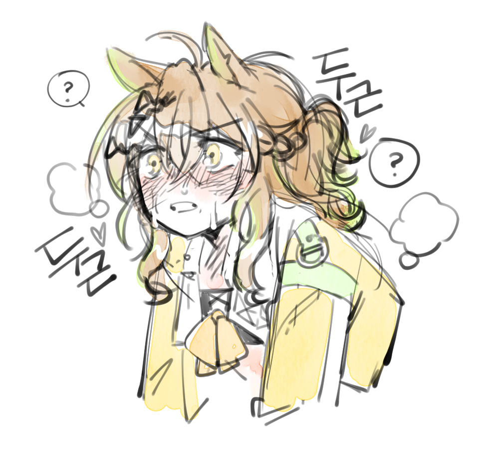 1girl, ?, animal_ears, blush, bow, braid, brown_hair, crown_braid, hair_between_eyes, hair_ornament, hairclip, half_up_braid, half_updo, heart, horse_ears, horse_girl, jacket, jungle_pocket_(umamusume), korean_text, leaning_forward, long_hair, long_sleeves, notched_ear, nyeomnyeom63816, open_clothes, open_jacket, sidelocks, solo, spoken_question_mark, steam, strapless, sweat, translation_request, tube_top, umamusume, yellow_bow, yellow_eyes, yellow_jacket
