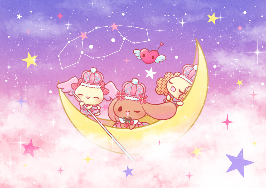 3girls, azuki_(cinnamoroll), boat, bow, cherry, chibi, chibi_only, chiffon_(cinnamoroll)