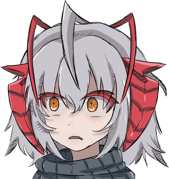 1girl, antenna_hair, arknights, black_scarf, colored_eyelashes, commentary, cross-shaped_pupils, eyes_visible_through_hair, grey_hair, hair_between_eyes, krystal_artz, multicolored_hair, open_mouth, orange_eyes, portrait, redhead, scarf, short_hair, simple_background, solo, streaked_hair, symbol-only_commentary, symbol-shaped_pupils, transparent_background, w_(arknights)