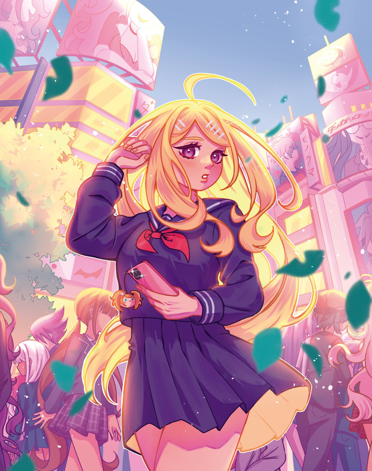 2boys, 4girls, ahoge, amami_rantaro, black_hair, black_serafuku, black_shirt, black_skirt, blonde_hair, breasts, cowboy_shot, dacc_(daccartsy), danganronpa:_trigger_happy_havoc, danganronpa_(series), danganronpa_v3:_killing_harmony, enoshima_junko, grey_hair, hair_ornament, hairclip, harukawa_maki, highres, iruma_miu, large_breasts, long_sleeves, momota_kaito, monokuma, multiple_boys, multiple_girls, naegi_makoto, neck_ribbon, official_alternate_costume, people, petals, pink_eyes, pleated_skirt, red_ribbon, ribbon, saihara_shuichi, school_uniform, serafuku, shirogane_tsumugi, shirt, skirt, solo_focus, teeth, yonaga_angie
