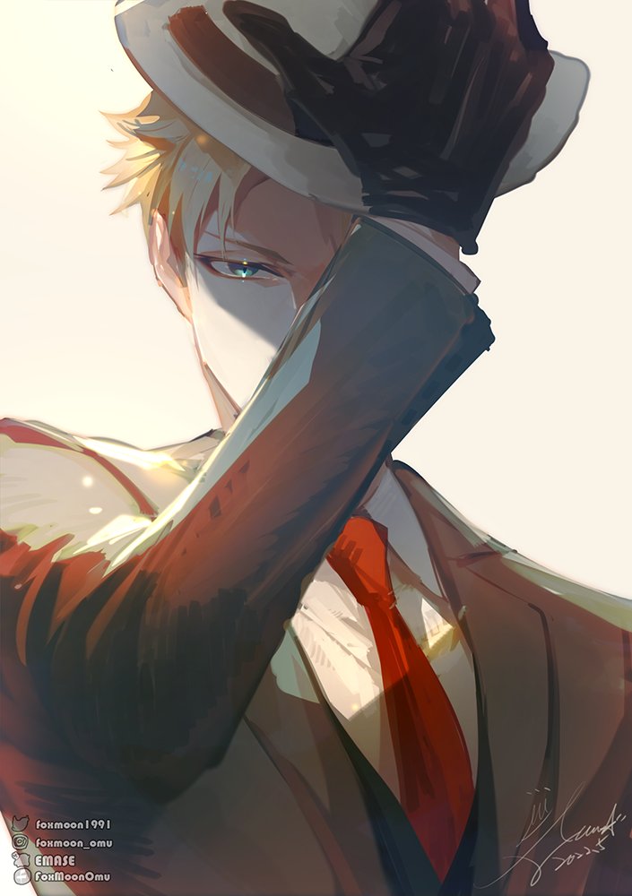 1boy, black_gloves, blonde_hair, blue_eyes, commentary_request, emase_(foxmoon), gloves, grey_hat