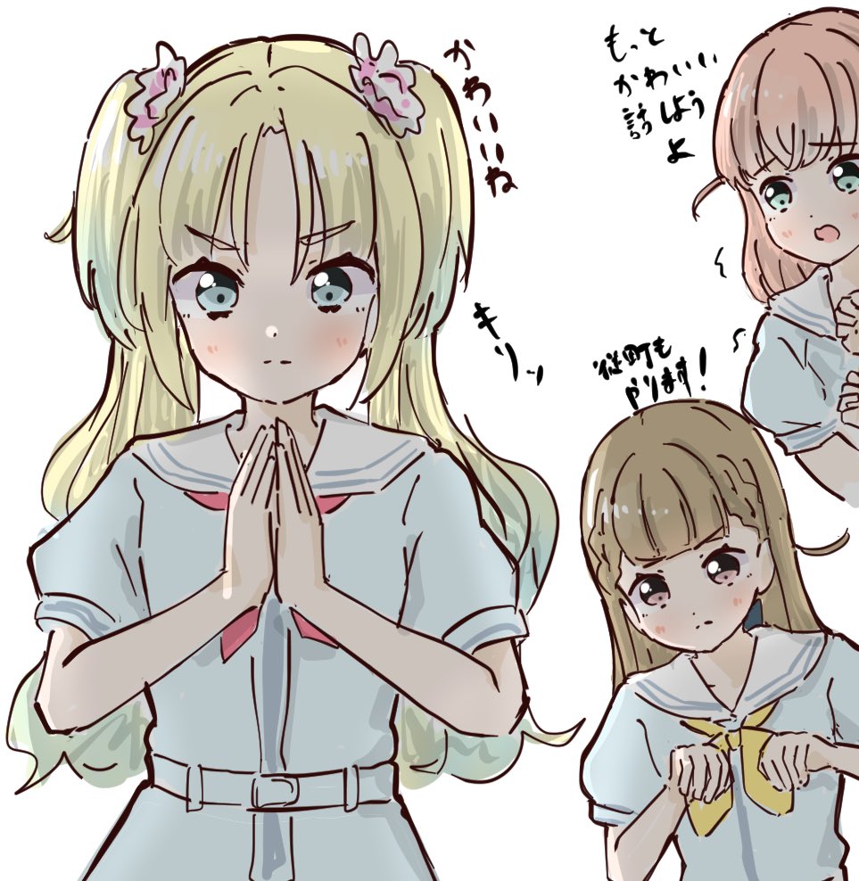 3girls, :|, aqua_eyes, blonde_hair, blue_eyes, blue_hair, braid, brown_hair