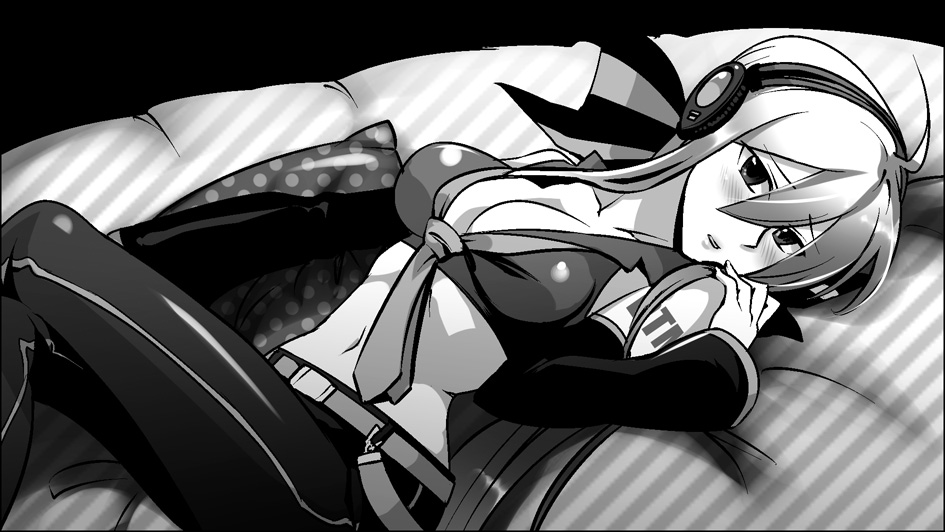 arched_back, blush, breasts, caffein, cleavage, crossed_legs_(lying), detached_sleeves, grayscale