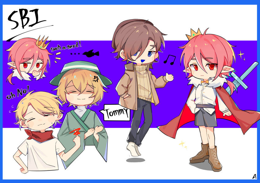 4boys, absurdres, androgynous, animification, beanie, black_shorts, blonde_hair, blue_border