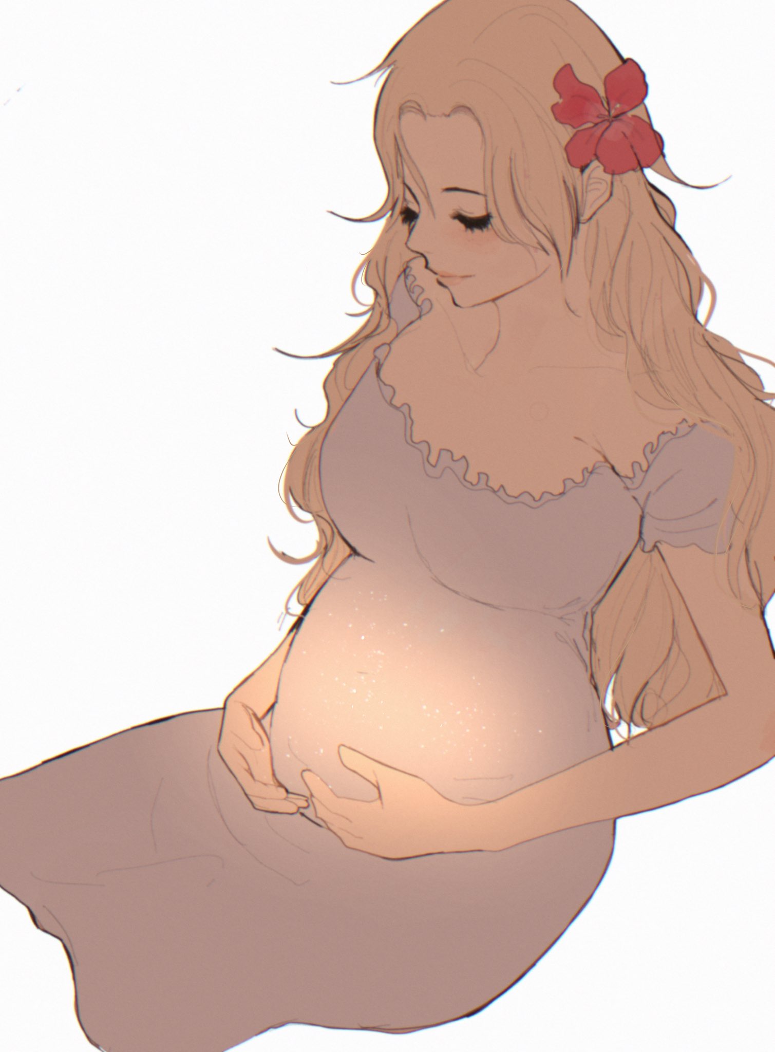 1girl, blonde_hair, closed_eyes, commentary, dr000mi, dress, flower, from_above, hair_flower, hair_ornament, hibiscus, highres, invisible, long_dress, long_hair, one_piece, portgas_d._rouge, pregnant, puffy_short_sleeves, puffy_sleeves, short_sleeves, simple_background, sitting, smile, solo, symbol-only_commentary, white_background