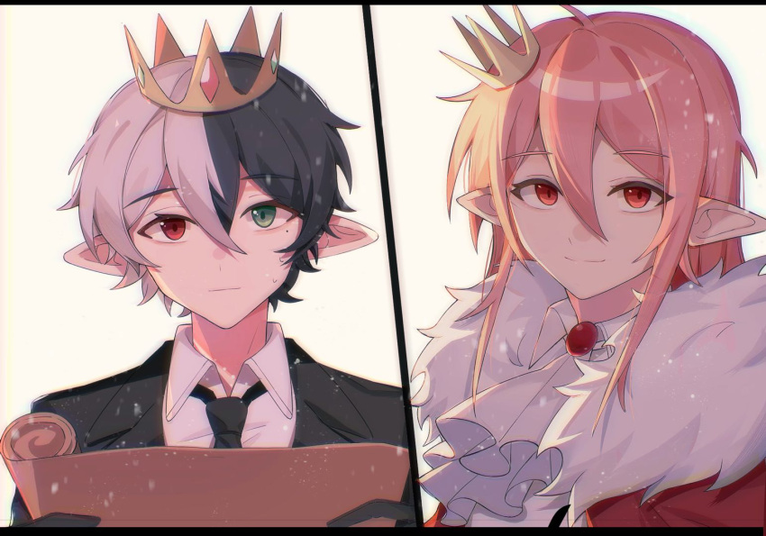 1boy, 1other, androgynous, animification, ascot, bishounen, black_hair, cape
