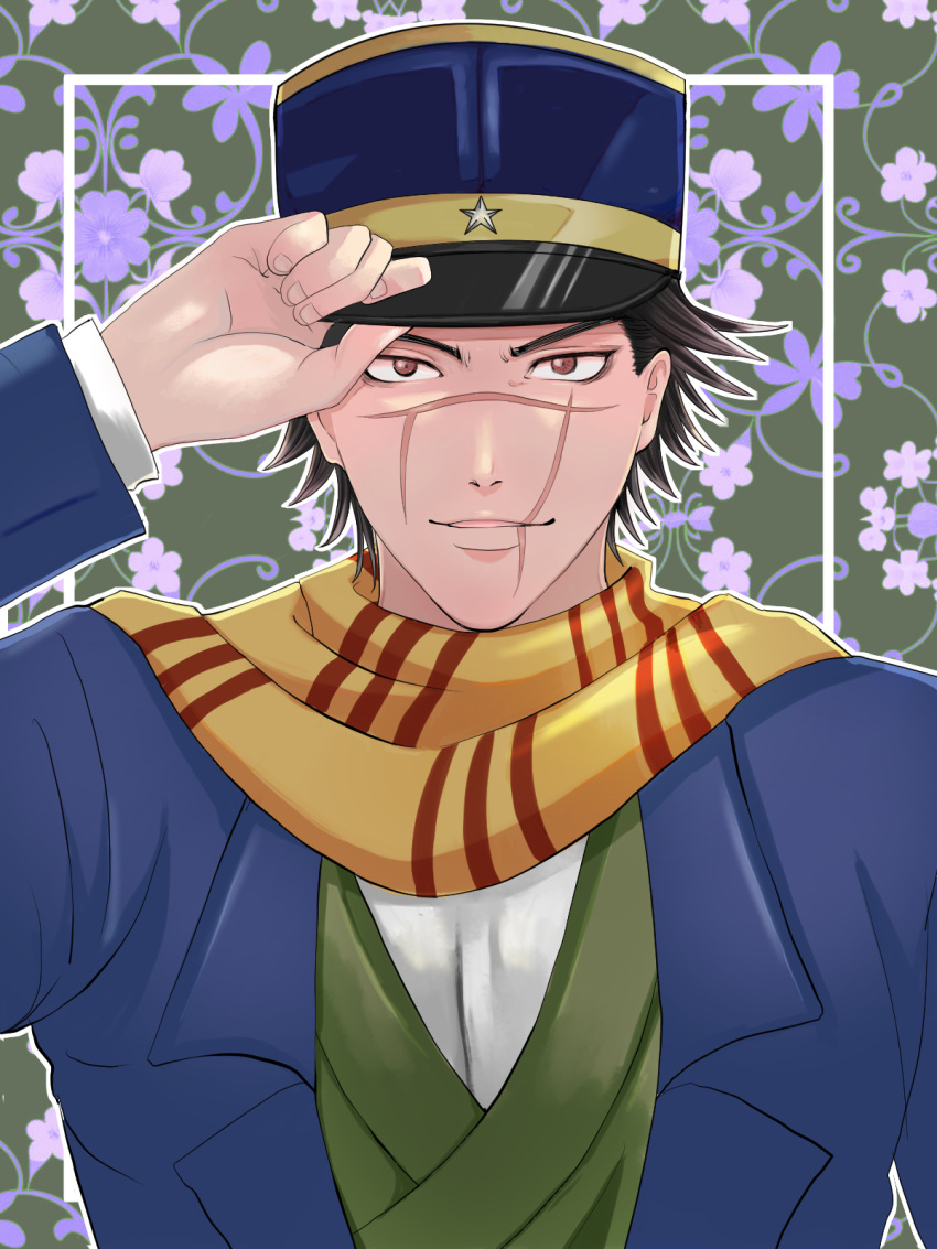 1boy, aomushimm, black_hair, blue_jacket, commentary_request, flower, golden_kamuy, green_background, hand_on_headwear, hat, highres, jacket, looking_at_viewer, male_focus, military_hat, scar, scar_on_face, short_hair, smile, solo, spiky_hair, sugimoto_saichi, upper_body