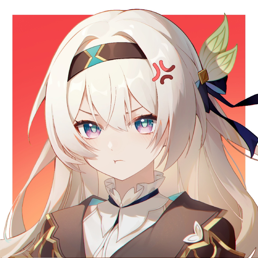 1girl, :t, anger_vein, black_hairband, collared_shirt, firefly_(honkai:_star_rail), grey_hair, hair_between_eyes