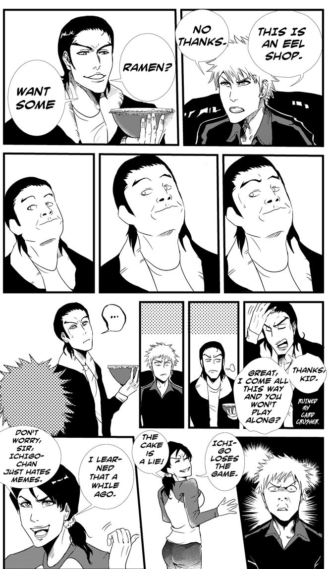 bleach, boss, bunnitake, card_crusher, comic, disappoint, english, fffuuuu, food, kurosaki_ichigo, meme, monochrome, noodles, parody, question, ramen, spoilers, the_game, this_cake_is_a_lie, translated, unagiya_ikumi, what