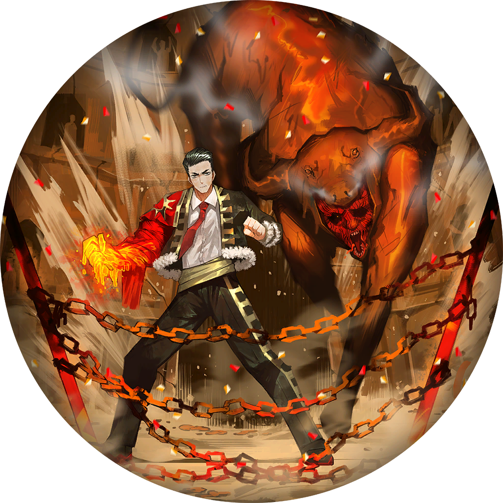 1boy, black_hair, black_jacket, black_pants, brazen_bull_(project_moon), bull, cape, capote_(e.g.o), chain, collared_shirt, e.g.o_(project_moon), fire, game_cg, hair_slicked_back, jacket, limbus_company, meursault_(project_moon), nai_ga, necktie, non-web_source, official_art, pants, project_moon, red_cape, red_necktie, shirt, short_hair, solo_focus, white_shirt