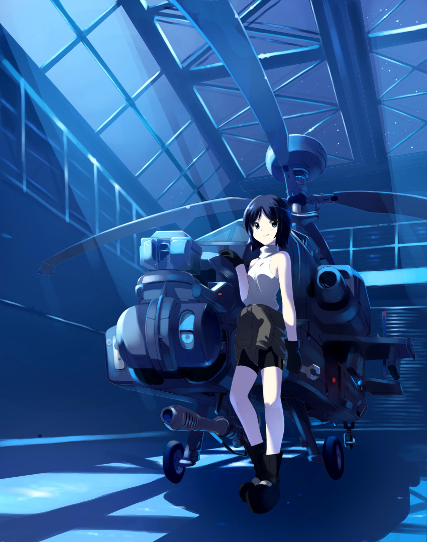 absurdres, ah-64, ah-64_apache, bare_shoulders, bike_shorts, black_gloves, black_hair, blue