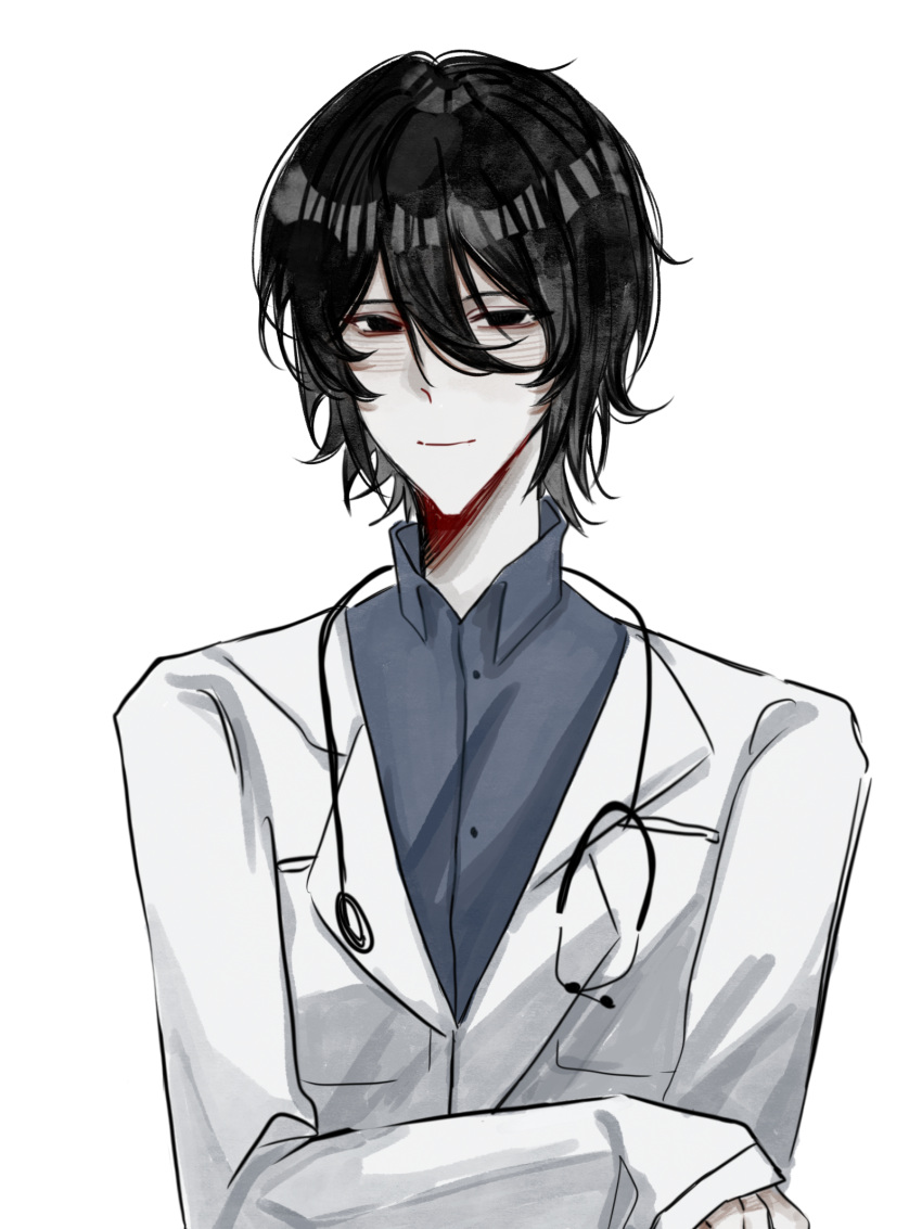 1boy, baimi33, black_eyes, black_hair, blue_shirt, chinese_commentary, closed_mouth, collared_shirt