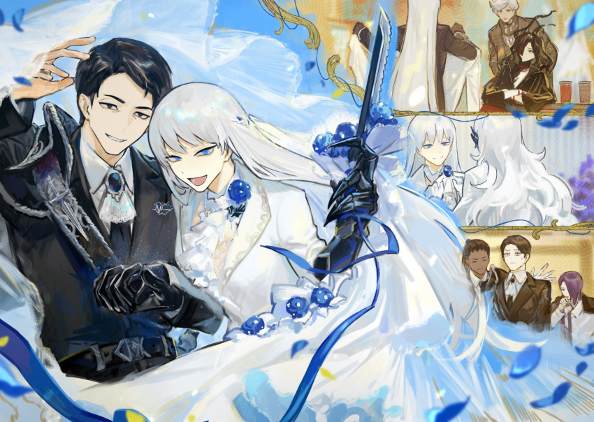 2girls, 5boys, angelica_(project_moon), argalia_(project_moon), ascot, astolfo_(project_moon), black_eyes, black_gloves, black_hair, black_jacket, black_sash, blue_eyes, brown_hair, collared_shirt, elena_(project_moon), gauntlets, gloves, highres, husband_and_wife, jacket, jae-heon, library_of_ruina, long_hair, long_sleeves, multiple_boys, multiple_girls, nishikujic, olivier_(project_moon), open_mouth, project_moon, roland_(project_moon), sash, shirt, smile, very_long_hair, white_ascot, white_hair, white_jacket, white_shirt, wing_collar