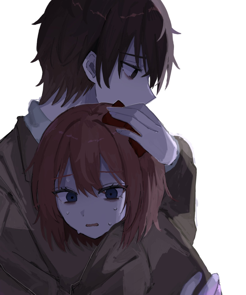 1boy, 1girl, angst, blue_eyes, bow, brown_eyes, brown_hair, brown_jacket, crying, doki_doki_literature_club, hair_between_eyes, hair_bow, hand_on_another's_head, highres, jacket, open_mouth, pink_hair, protagonist_(doki_doki_literature_club), red_bow, sayori_(doki_doki_literature_club), short_hair, simple_background, tears, white_background, yuruha_(yuruha_cat)