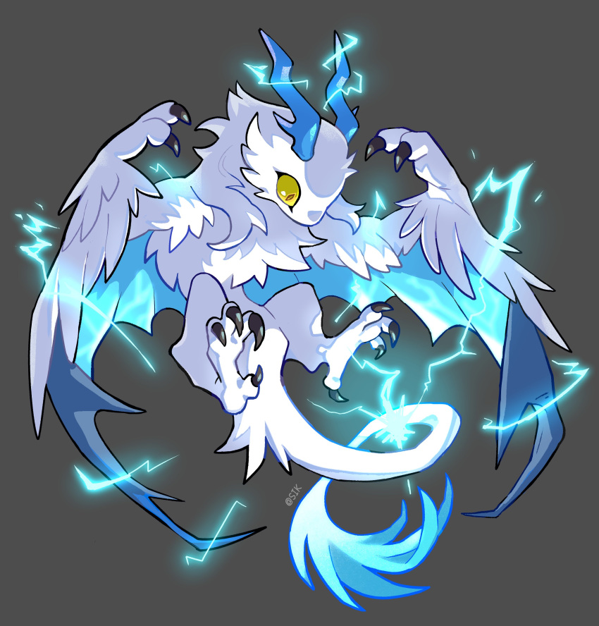 98sikk, absurdres, animal_focus, artist_name, blue_horns, claws, dragon, dragon_village_collection, electricity, full_body, grey_background, highres, horns, monster, no_humans, simple_background, solo, tail, white_thunder_dragon_(dragon_village_collection), wings, wyvern, yellow_eyes