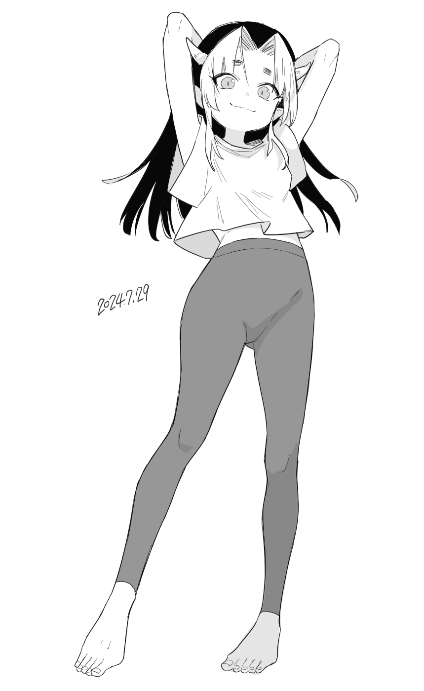 1girl, arms_up, barefoot, full_body, greyscale, highres, horns, kanimura_ebio