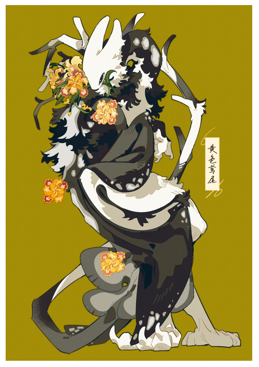 15355451wer, animal_focus, black_eyes, border, chinese_commentary, claws, commentary_request, flower