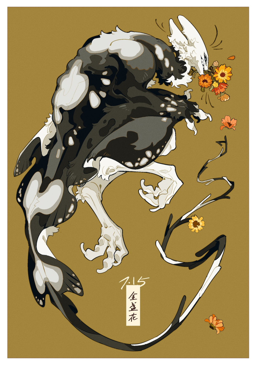 15355451wer, animal_focus, black_eyes, border, chinese_commentary, claws, commentary_request, flower