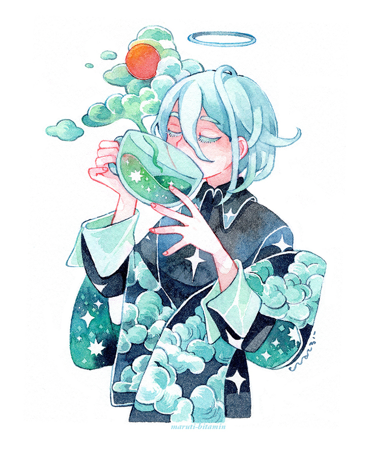1other, aqua_wrist_cuffs, artist_name, black_scarf, black_shirt, blue_clouds, blue_hair, blue_halo