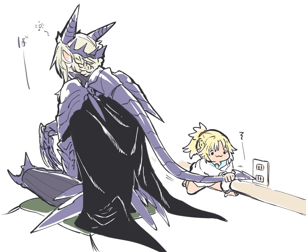 :3, aged_down, artoria_pendragon_(fate), artoria_pendragon_(lancer_alter)_(fate), black_cape, blonde_hair, braid, cape, dress, electrical_outlet, facing_away, fate/grand_order, fate_(series), gloves, horns, mordred_(fate), mordred_(swimsuit_rider)_(second_ascension)_(fate), multiple_girls, ponytail, sailor_dress, sitting, sitting_on_pillow, smile, takatsuki_nato, tan