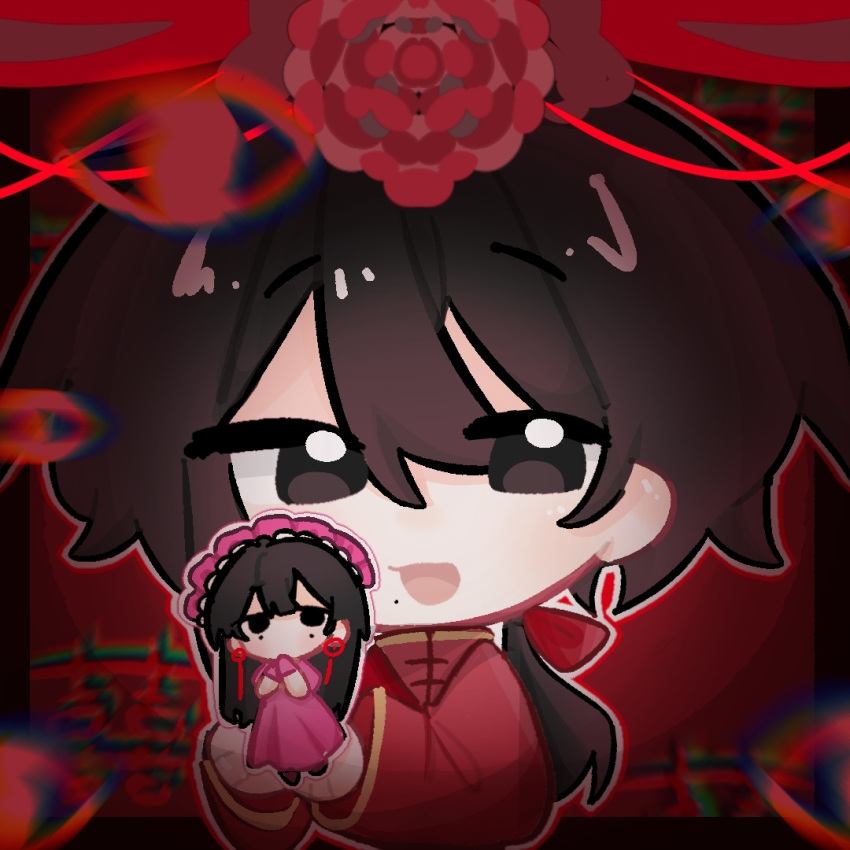 1boy, 1girl, black_eyes, black_hair, chibi, chibi_only, chinese_commentary, commentary_request, dress, earrings, gold_trim, hair_between_eyes, holding_miniperson, jewelry, li_yuting_(female), long_hair, long_sleeves, mini_person, minigirl, mo_chengwei, mole, mole_under_each_eye, mole_under_eye, mole_under_mouth, multiple_moles, open_mouth, pink_dress, red_shirt, shirt, smile, touqi_guaitan, yihanhealer19634