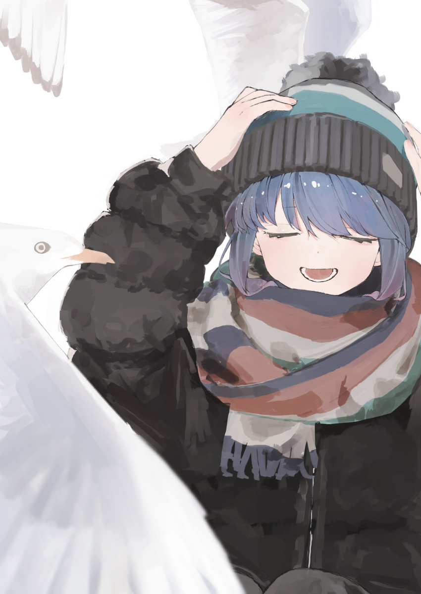 1girl, absurdres, animal, beanie, bird, black_coat, blue_hair, closed_eyes