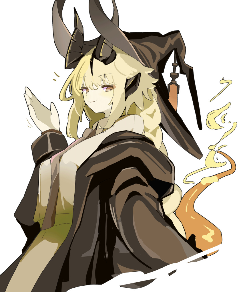 1girl, absurdres, arknights, black_hat, black_necktie, black_robe, blonde_hair, collared_shirt