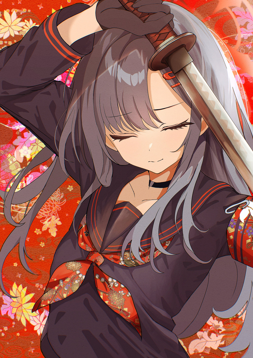 1girl, absurdres, armband, black_choker, black_gloves, black_hair, black_serafuku, black_wings, blue_archive, choker, closed_eyes, closed_mouth, collarbone, floral_background, gloves, hair_ornament, hairclip, highres, himmel_gewalt, holding, holding_sword, holding_weapon, ichika_(blue_archive), katana, long_hair, long_sleeves, neckerchief, print_neckerchief, red_armband, red_neckerchief, sailor_collar, school_uniform, serafuku, skirt, smile, solo, sword, upper_body, weapon, wings