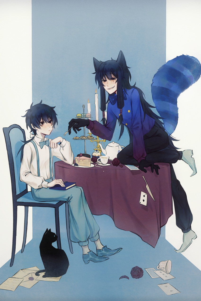 absurdres, animal_ears, aqua_bow, aqua_bowtie, aqua_pants, black_eyes, black_gloves, black_hair