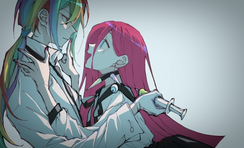 2girls, black_necktie, blue_eyes, chinese_commentary, collar, commentary_request, cupcakes_(my_little_pony), dark_persona