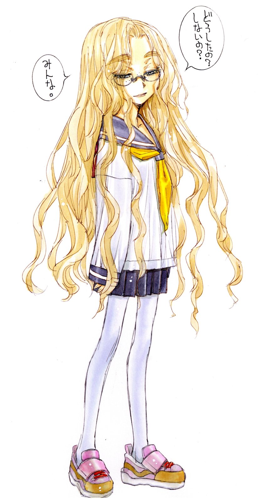 1girl, blonde_hair, commentary_request, freckles, full_body, glasses, highres, light_smile