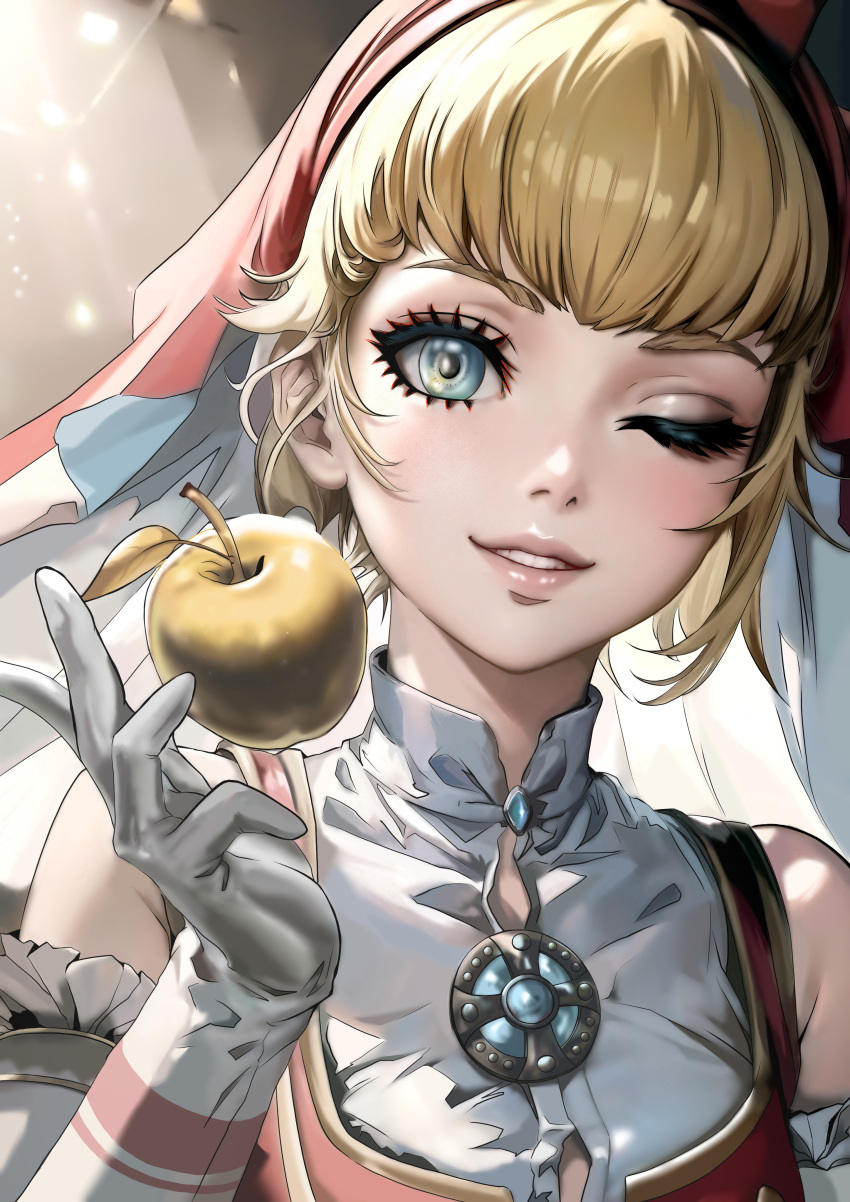 1girl, absurdres, apple, blonde_hair, blue_eyes, commentary_request, floating_food, food