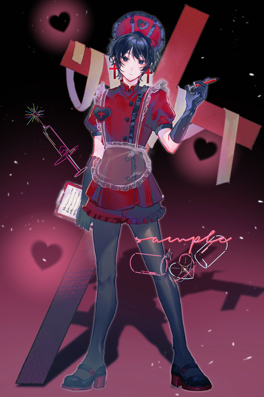 1boy, absurdres, adapted_costume, apron, black_eyes, black_footwear, black_gloves, black_hair