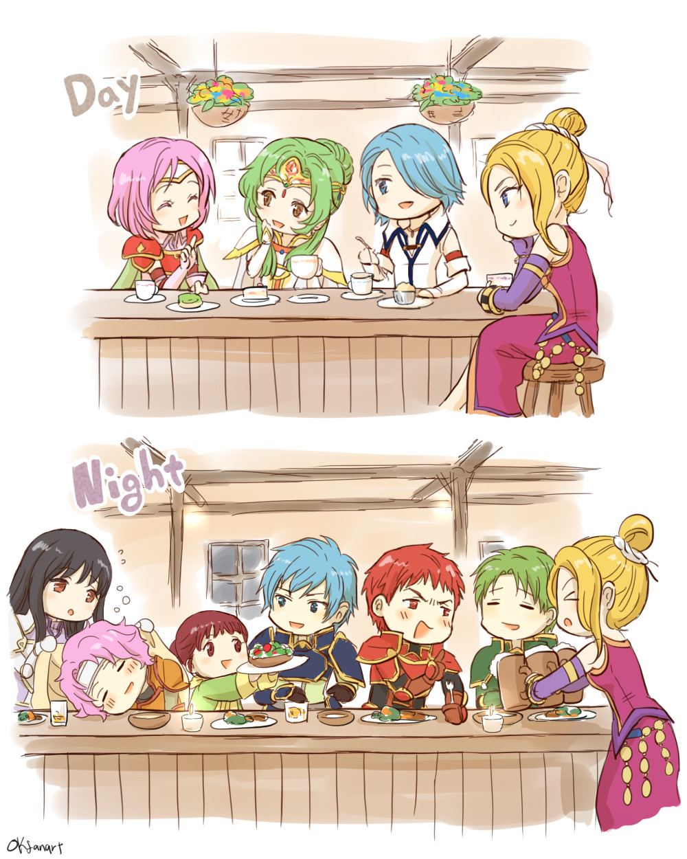 4boys, 6+girls, amy_(fire_emblem), armor, astrid_(fire_emblem), bar_(place), blonde_hair, blue_armor