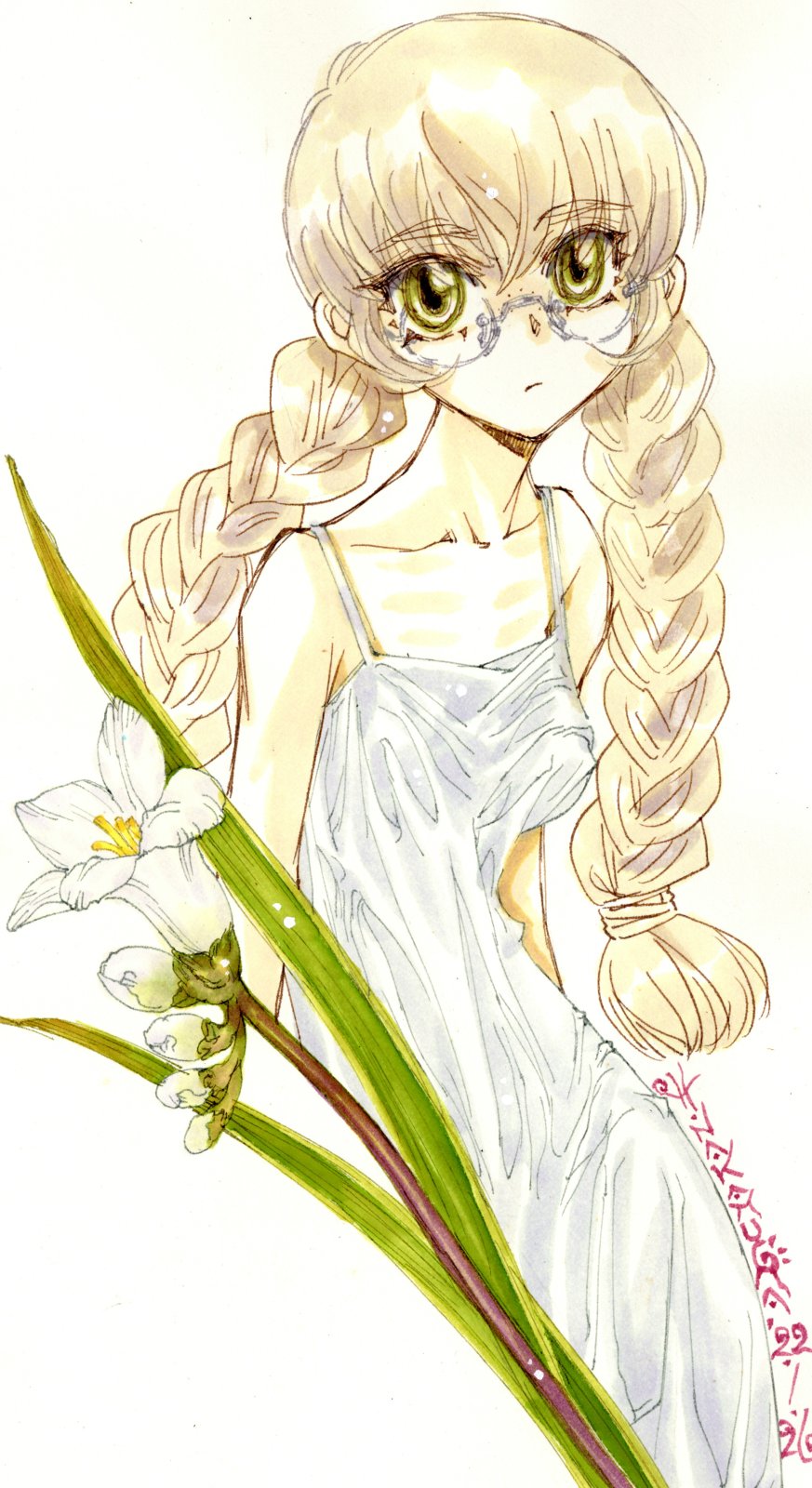 1girl, bare_shoulders, blonde_hair, braid, breasts, commentary_request, dress, expressionless