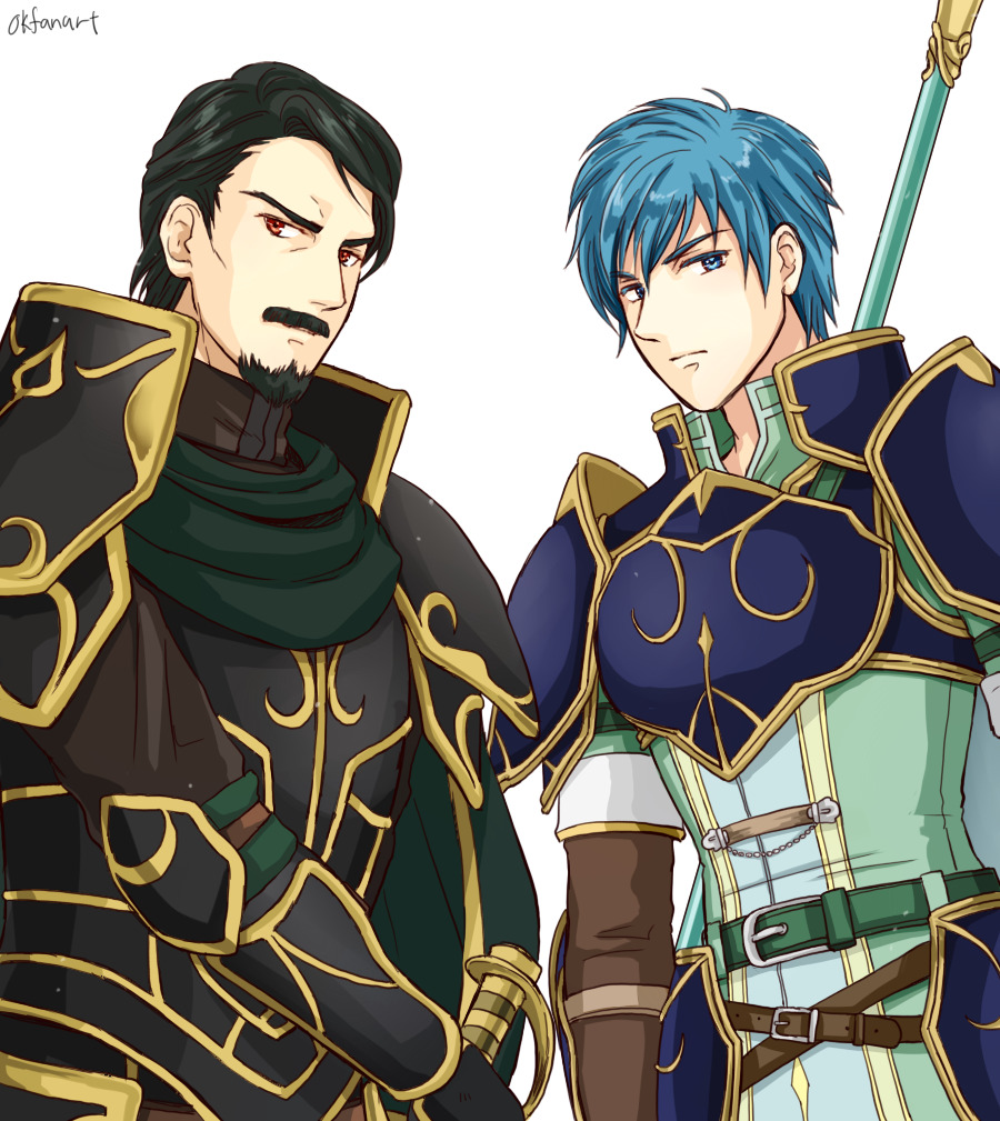 2boys, armor, black_armor, blue_armor, blue_eyes, blue_hair, facial_hair, fire_emblem
