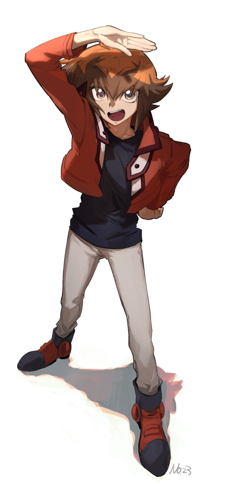 1boy, black_shirt, brown_eyes, brown_hair, duel_academy_uniform_(yu-gi-oh!_gx), full_body, highres, jacket, male_focus, medium_hair, n_23, pants, red_footwear, red_jacket, shirt, shoes, simple_background, solo, white_background, white_pants, yu-gi-oh!, yu-gi-oh!_gx, yuki_judai