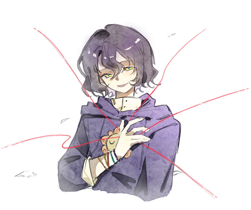 1boy, black_hair, bracelet, chinese_commentary, commentary_request, cropped_torso, hair_between_eyes, hand_on_own_chest