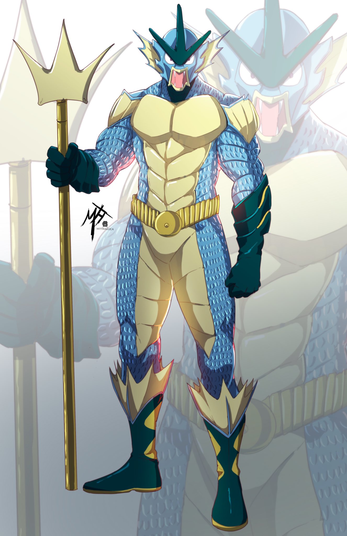 1boy, animal_helmet, aquaman_(dc), aquaman_(series), artist_name, belt, bodysuit, boots, clenched_hand, dc_comics, full_body, gyarados, highres, holding, holding_polearm, holding_trident, holding_weapon, looking_at_viewer, male_focus, muscular, muscular_male, mythallica, personification, pokemon, polearm, signature, superhero_costume, weapon