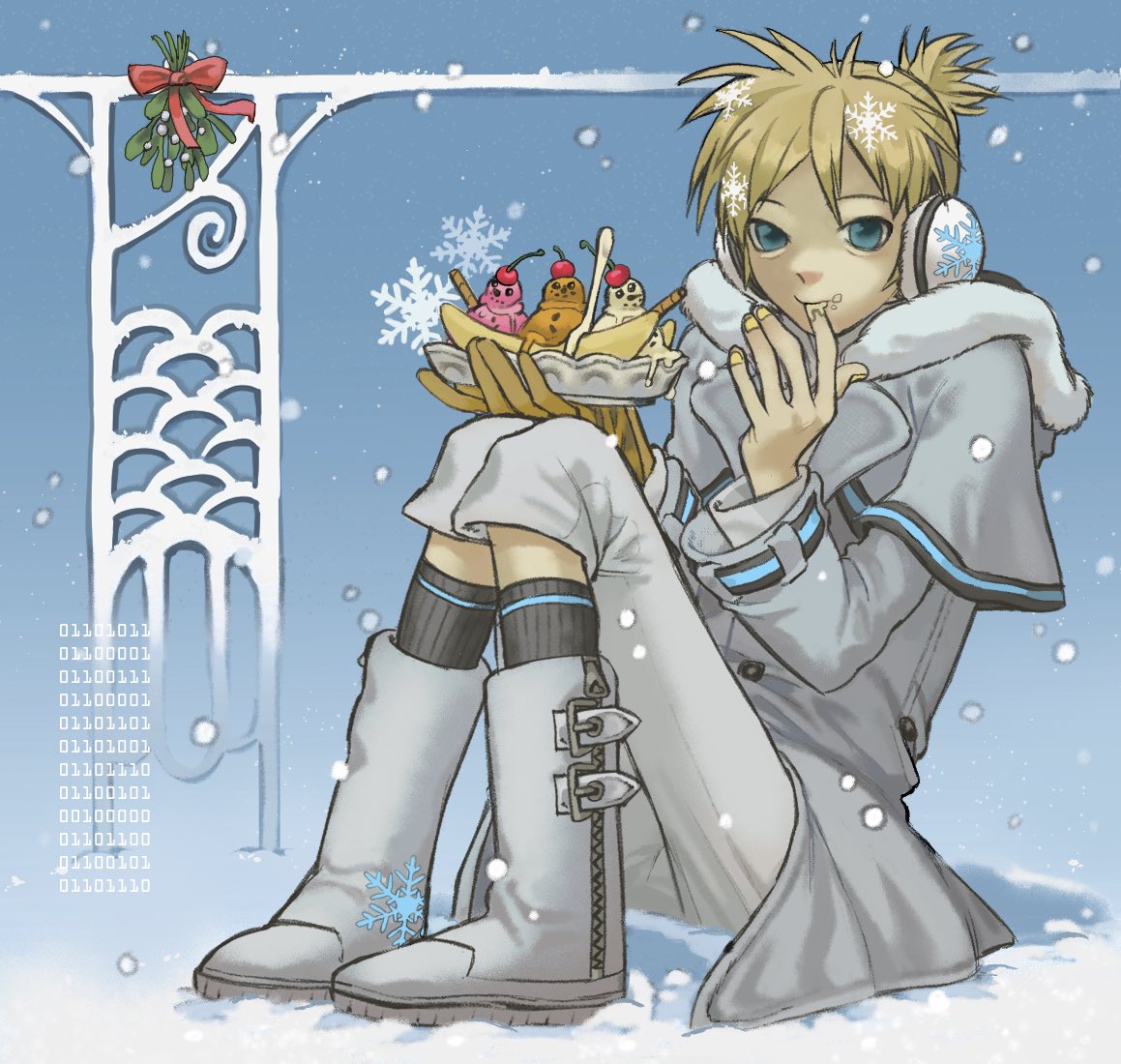 1boy, bad_id, bad_twitter_id, banana, banana_split, blonde_hair, blue_eyes, boots, bottle7465, earmuffs, eating, food, fruit, gloves, holding, ice_cream, ice_fog_(module), kagamine_len, knees_up, licking, licking_finger, long_sleeves, looking_at_viewer, male_focus, nail_polish, project_diva_(series), short_hair, single_glove, sitting, snowflakes, solo, vocaloid, yellow_nails