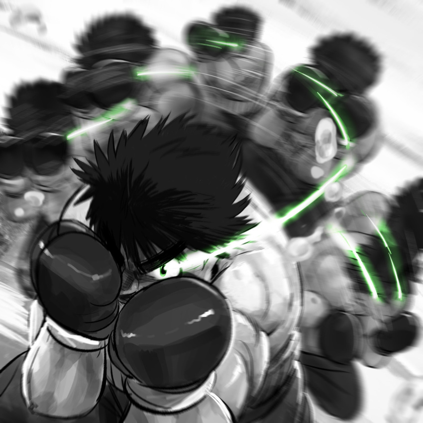 1boy, afterimage, black_hair, blocking, boxer, boxing_gloves, dempsey_roll, glowing