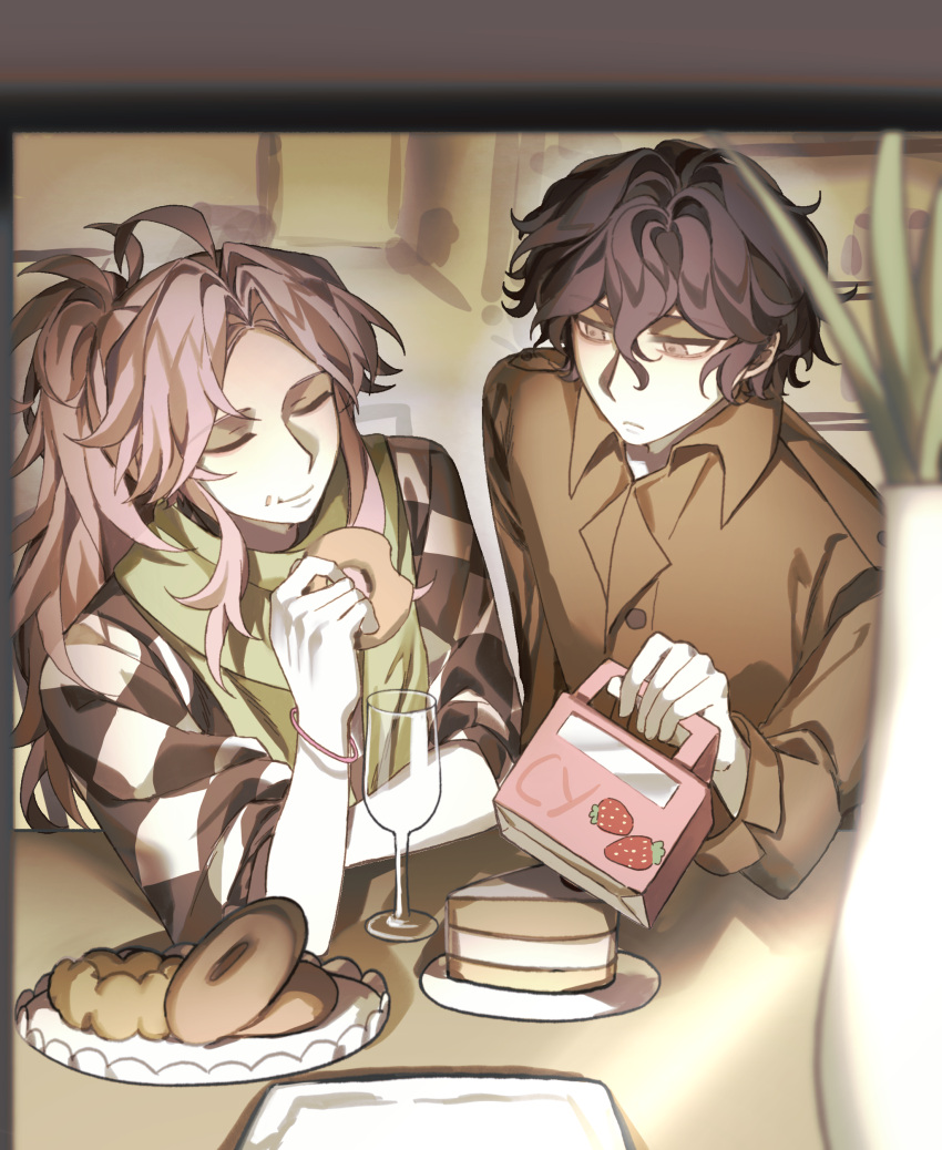 2boys, absurdres, ahoge, black_hair, brown_shirt, cake, cake_slice, checkered_clothes