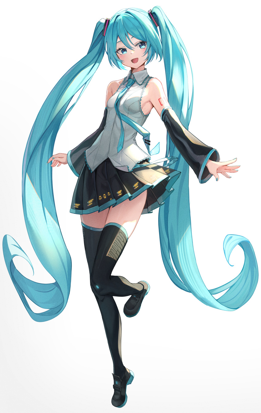 1girl, :d, absurdres, aqua_eyes, aqua_hair, aqua_necktie, bib_(bibboss39), black_footwear