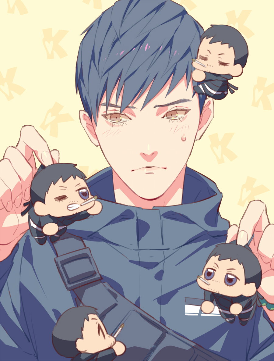 2boys, akito_(ghostwire), black_hair, black_hood, black_hoodie, blue_eyes, chibi, cigarette