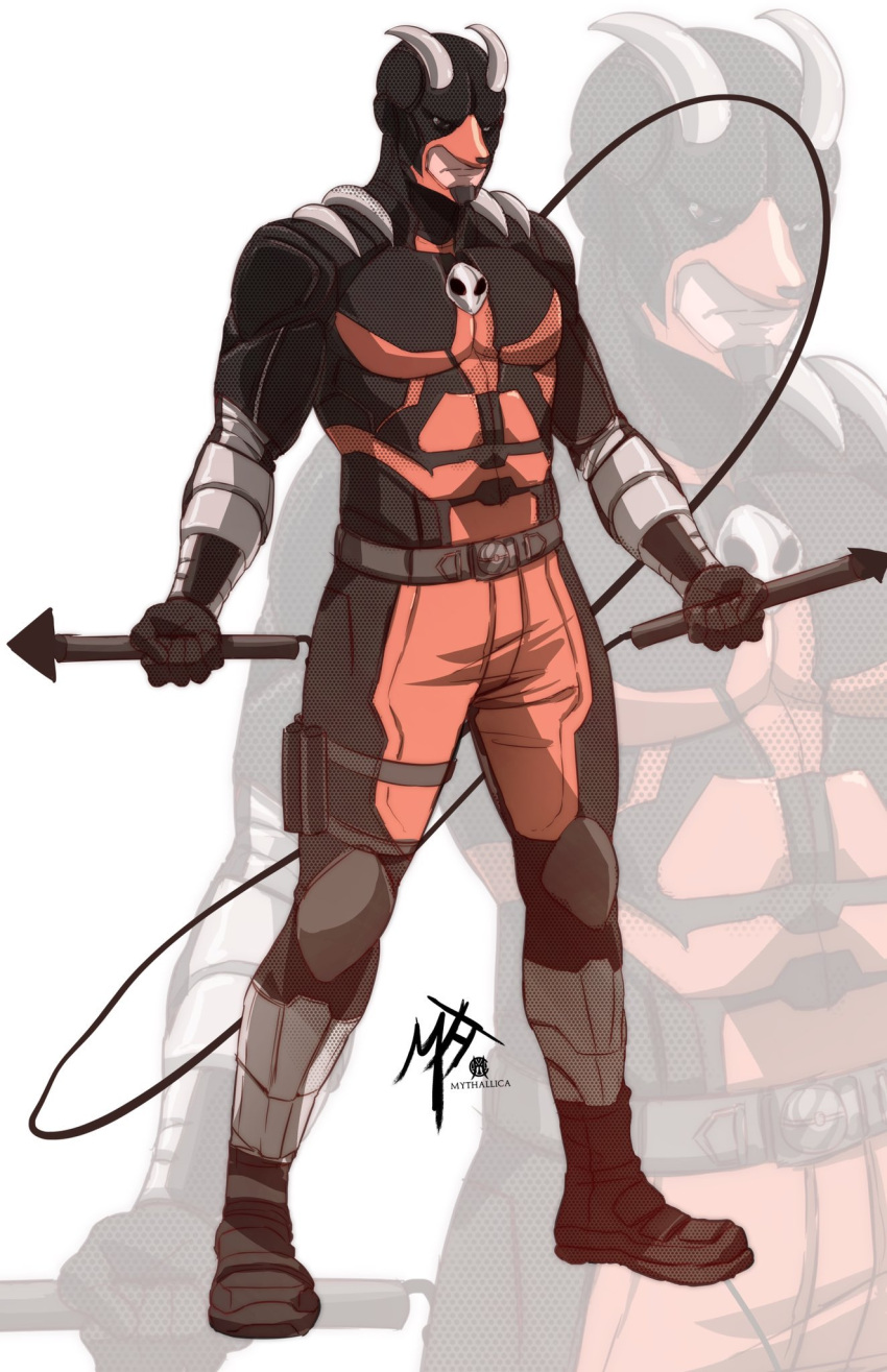1boy, animal_helmet, artist_name, belt, bodysuit, boots, closed_mouth, daredevil