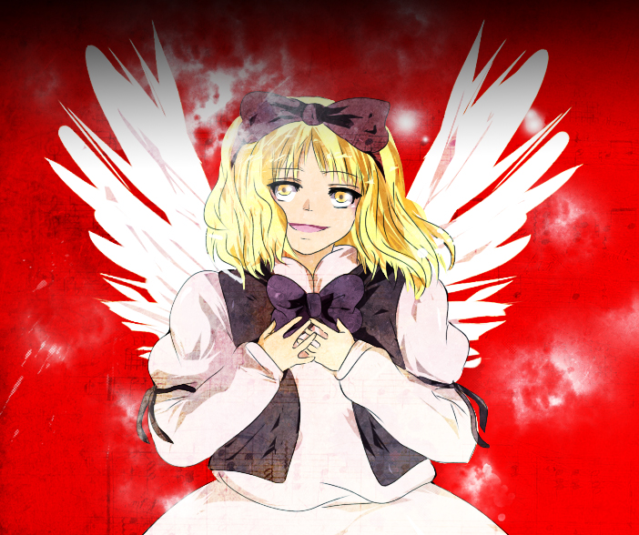 angel_wings, blonde_hair, gengetsu, kizoku-chan, ribbon, short_hair, smile, solo