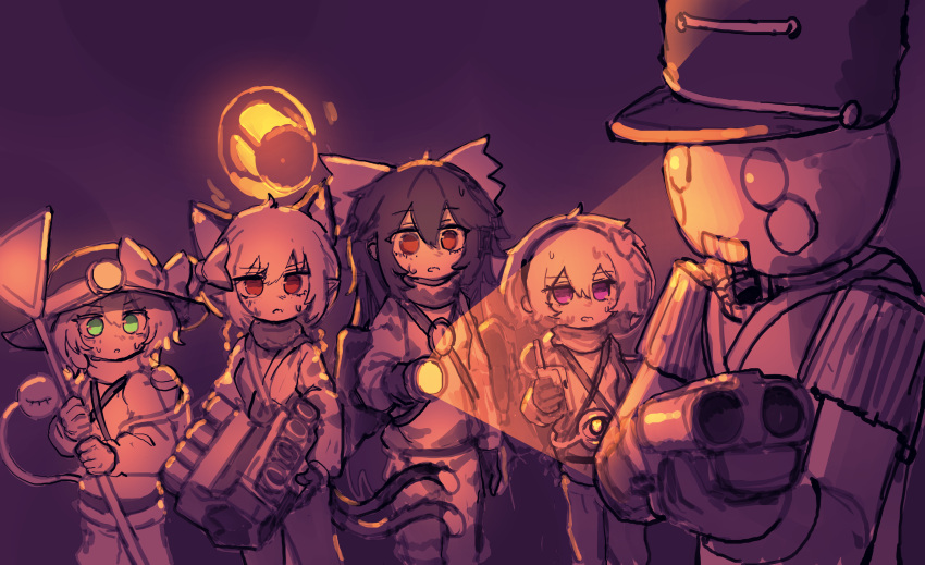 4girls, absurdres, animal_ears, bodysuit, bow, brown_eyes, brown_theme, cat_ears, cat_girl, cat_tail, closed_mouth, cosplay, cowboy_shot, crossover, double-barreled_shotgun, extra_ears, flashlight, flashlight_beam, frown, green_eyes, gun, hair_between_eyes, hair_bow, hair_ornament, hairband, hat, hat_bow, heart, heart_hair_ornament, highres, holding, holding_flashlight, holding_gun, holding_weapon, kaenbyou_rin, komeiji_koishi, komeiji_satori, lethal_company, limited_palette, long_hair, looking_at_another, medium_bangs, multiple_girls, multiple_tails, nutcracker_(lethal_company), open_mouth, pointy_ears, rampa93, red_eyes, reiuji_utsuho, shako_cap, short_hair, shotgun, tail, touhou, two_tails, violet_eyes, weapon, worker_(lethal_company), worker_(lethal_company)_(cosplay)