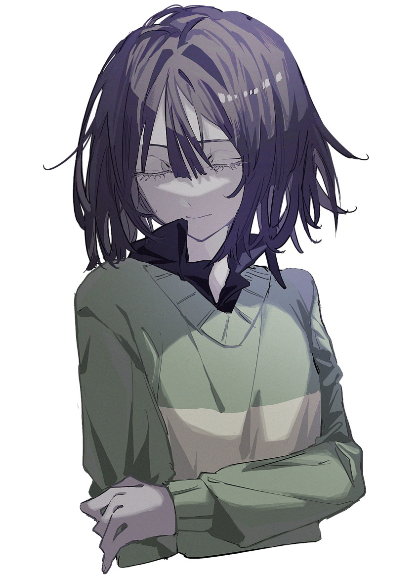 1girl, arm_at_side, black_shirt, brown_hair, chara_(undertale), closed_eyes, closed_mouth, collared_shirt, cropped_torso, genderswap, genderswap_(otf), green_sweater, hair_intakes, hand_on_own_arm, hashtag-only_commentary, highres, long_sleeves, medium_hair, puffy_long_sleeves, puffy_sleeves, r_ego999, shirt, simple_background, smile, solo, striped_clothes, striped_sweater, sweater, two-tone_sweater, u_u, undertale, upper_body, white_background, yellow_sweater